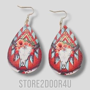 Western Style Leopard PU Leather Bull Skull Teardrop Earrings for Women